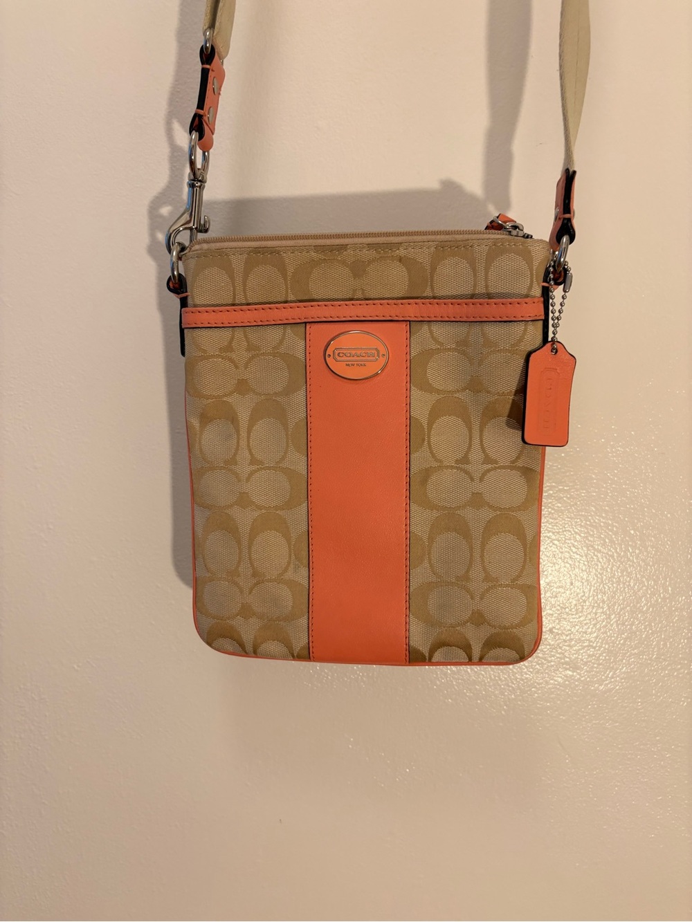 Coach Tan Signature Crossbody with Coral Stripe